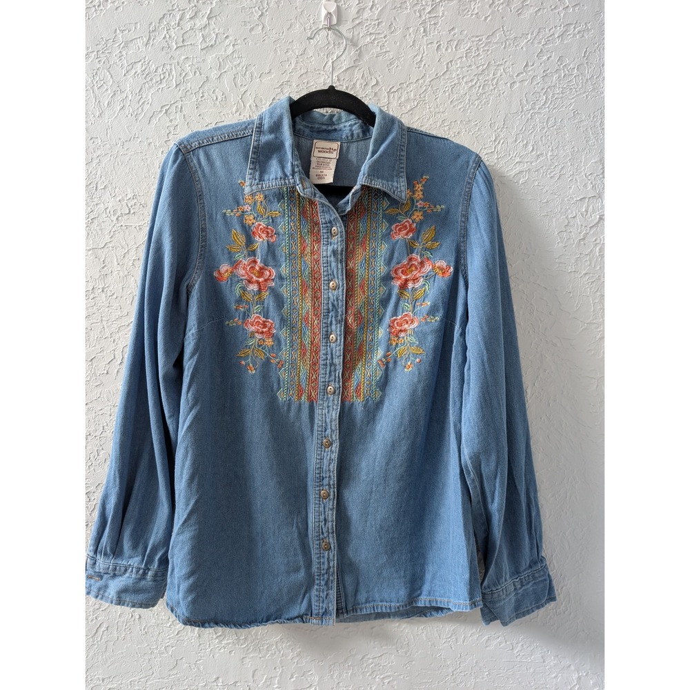 Vintage Scandia Woods M Embroidered 100% Cotton Denim Shirt Floral Western Boho